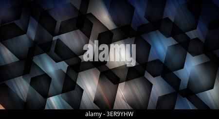 Dark abstract background with overlapping metallic hexagons, bronze and blue light streaks, and a brushed texture. Stock Photo