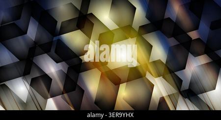 Modern abstract background with overlapping dark hexagons and glowing blue, gold, and white diagonal light streaks. Stock Photo