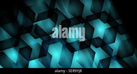 Futuristic abstract background with dark translucent hexagons overlaying a bright cyan blue background with glowing light rays. Stock Photo