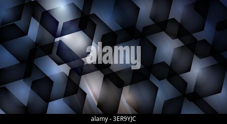 Modern abstract background featuring overlapping dark translucent hexagons and cubes with subtle blue light glows and metallic textures. Stock Photo