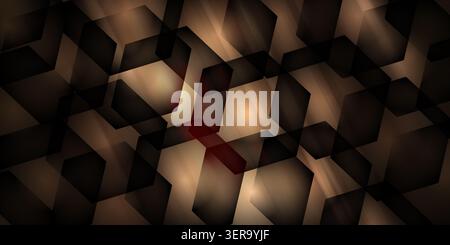 Dark abstract background featuring overlapping black and bronze hexagons with warm glowing light rays and spots. Stock Photo