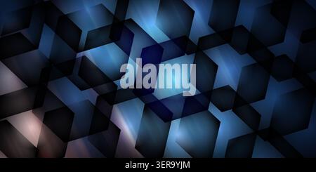 Futuristic abstract background featuring dark overlapping hexagons with a vibrant blue light glow. Stock Photo