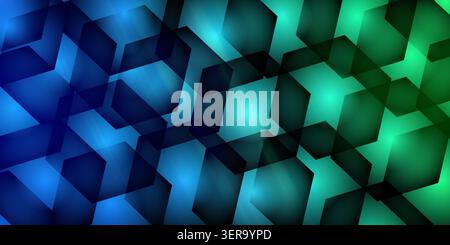 Vibrant abstract background featuring overlapping dark translucent hexagonal shapes on a glowing blue and green gradient with light flares. Stock Photo