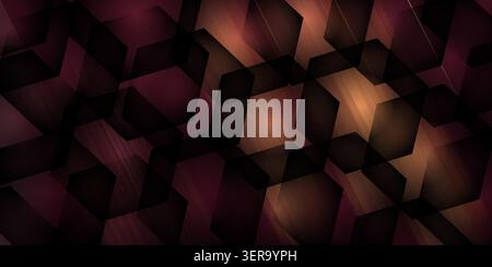Elegant dark background featuring overlapping black hexagonal shapes with a warm golden bronze glow and deep burgundy tones. Stock Photo
