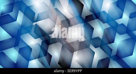 Futuristic abstract background featuring overlapping translucent blue and white 3D geometric cubes with glowing light effects. Stock Photo