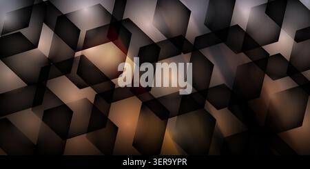 Futuristic abstract background featuring overlapping translucent dark bronze, black, and grey 3D geometric cubes with glowing light. Stock Photo