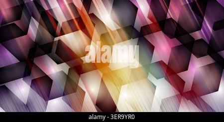Dynamic geometric background with dark overlapping hexagons, bright colorful light streaks, and glowing lens flares in purple, pink, and orange. Stock Photo