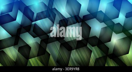 An abstract background featuring a gradient of blue and green with overlapping dark hexagonal shapes and subtle light rays, creating a tech-inspired l Stock Photo