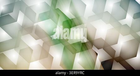 Modern abstract background featuring translucent green and grey hexagons with glowing light spots and dynamic diagonal streaks. Stock Photo