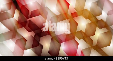 Modern abstract background featuring overlapping translucent hexagons and cubes with glowing light flares in warm red, orange, and gold colors. Stock Photo