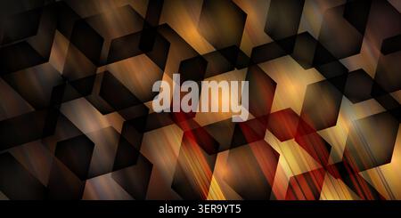 Abstract geometric background featuring overlapping dark hexagons and glowing warm orange, red, and brown light streaks. Stock Photo