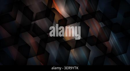 Dark futuristic background featuring overlapping black translucent hexagons with subtle orange and blue glowing light flares in the background. Stock Photo