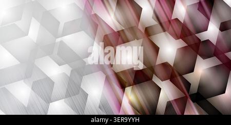 Modern abstract background featuring geometric cube patterns, diagonal light streaks in pink and brown, and glowing flares. Stock Photo