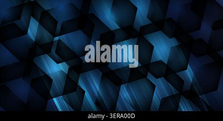 A dark blue abstract background featuring a pattern of overlapping translucent hexagons with light streaks and a modern digital technology aesthetic. Stock Photo