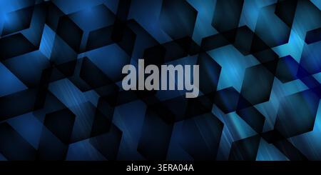 A vibrant blue abstract background featuring a repeating pattern of translucent black hexagons with a brushed metal texture and glowing light streaks. Stock Photo