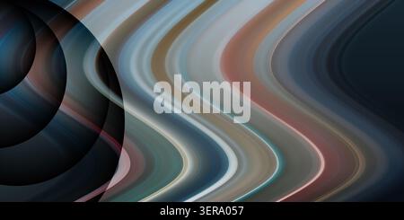 An abstract composition featuring dark circular shapes on the left side and a vibrant, multi-colored wavy pattern flowing across the background. Stock Photo