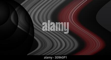 A modern abstract design featuring smooth, flowing wavy lines in shades of gray and a bold red accent, complemented by dark circular elements on the l Stock Photo