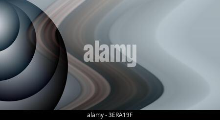 Modern abstract background with dark grey, blue, and brown wavy lines and layered metallic circular shapes on the left side. Stock Photo