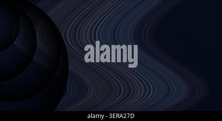 An abstract digital background featuring overlapping dark circular shapes on the left and smooth, flowing dark blue wave patterns. Stock Photo