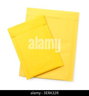 Two yellow paper envelopes isolated on white, top view Stock Photo