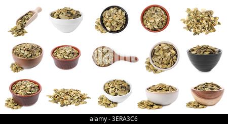 Dried pumpkin seeds isolated on white, set Stock Photo