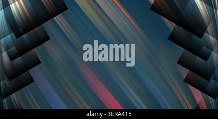 Abstract composition with diagonal light streaks in blue, red, and gold, framed by dark, overlapping geometric square shapes on the sides. Stock Photo