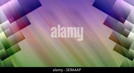 An abstract background featuring a diagonal gradient of purple and green, accented by overlapping geometric square shapes on the sides. Stock Photo