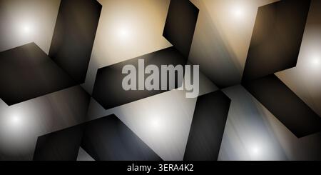 An abstract background featuring dark, angular, overlapping geometric shapes set against a soft, glowing, multi-colored gradient backdrop with light s Stock Photo