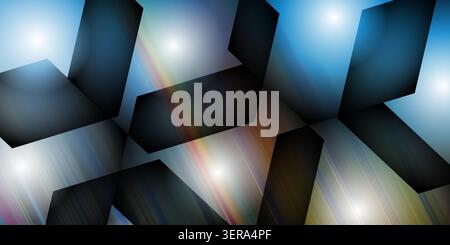 A dynamic abstract background with dark geometric polygons and a vibrant light streak effect, featuring blue and warm tones. Stock Photo
