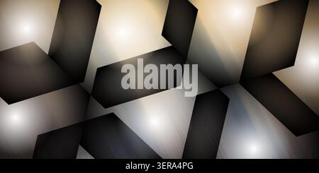 A sophisticated abstract design featuring dark, angular shapes layered over a subtle metallic-toned gradient with glowing light points. Stock Photo