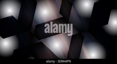 An abstract background featuring dark, angular geometric shapes layered over a muted, atmospheric gradient with soft light flares. Stock Photo