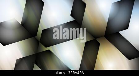 An abstract background composed of dark, angular geometric shapes layered over a soft, glowing, and blurred gradient with subtle light streaks. Stock Photo