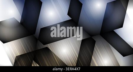 An abstract artistic background composed of dark geometric forms overlaid on a textured surface with glowing light rays and subtle vertical patterns. Stock Photo
