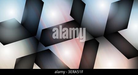 An abstract background featuring dark, angular, overlapping geometric shapes set against a soft, glowing, multi-colored gradient with light flares. Stock Photo