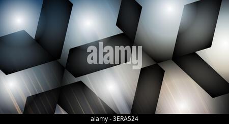 A dynamic abstract design with dark geometric polygons set against a background of soft, colorful light flares and subtle metallic textures. Stock Photo