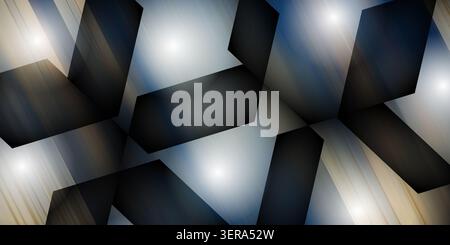 An abstract design featuring dark geometric forms layered over a cool blue and metallic gradient background with bright light flares. Stock Photo