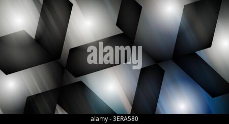Abstract artwork featuring dark, sharp-edged geometric shapes layered over a background with soft light flares and subtle blue-toned light streaks. Stock Photo