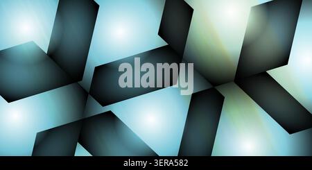 Abstract background featuring dark, overlapping geometric shapes set against a bright cyan, glowing backdrop with subtle light flares and gradients. Stock Photo