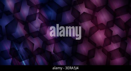 Abstract background featuring a repeating pattern of dark translucent hexagons over a vibrant purple and blue gradient with subtle light streaks. Stock Photo