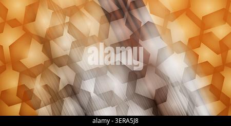 A warm abstract background featuring a repeating hexagonal pattern with a gradient transition from orange to gold, accented by light streaks. Stock Photo