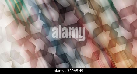 An abstract background featuring a pattern of overlapping hexagonal shapes with a soft, multi-colored gradient and light streaks. Stock Photo