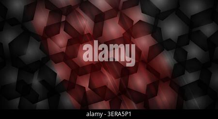 A dynamic abstract background featuring a repeating pattern of dark, semi-transparent hexagons overlaid on a glowing, intense red and black gradient b Stock Photo