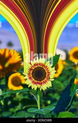 Sunflower With Bee And Colorful Pixel Stretch Effect In Orchard On Sunny Day Stock Photo