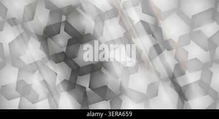 A sophisticated grey abstract background with a repeating geometric hexagon structure, featuring soft light rays and a metallic brushed texture. Stock Photo