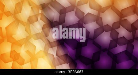 An abstract digital background featuring a repeating hexagonal geometric pattern with a smooth gradient transition from warm orange to deep purple. Stock Photo