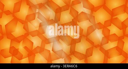 A bright and energetic abstract background composed of layered translucent orange hexagons, creating a dynamic honeycomb-like structure. Stock Photo