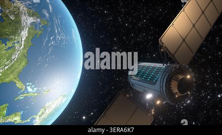Data center in space. Satellite with servers orbiting the Earth. Stock Photo