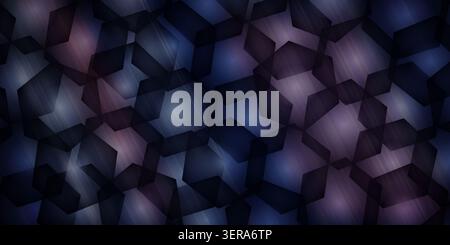 A cool-toned abstract background featuring a repeating hexagonal pattern with soft blue and purple light glows and a brushed metallic texture effect. Stock Photo