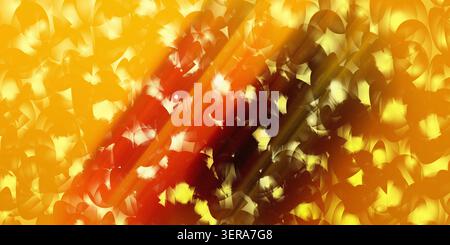 A bright abstract digital art background featuring diagonal light streaks overlaid with soft, overlapping circular shapes in golden yellow and orange. Stock Photo
