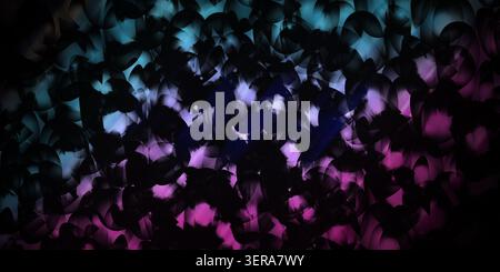 A dark, abstract digital background featuring overlapping circular shapes illuminated by vibrant blue and purple light gradients. Stock Photo